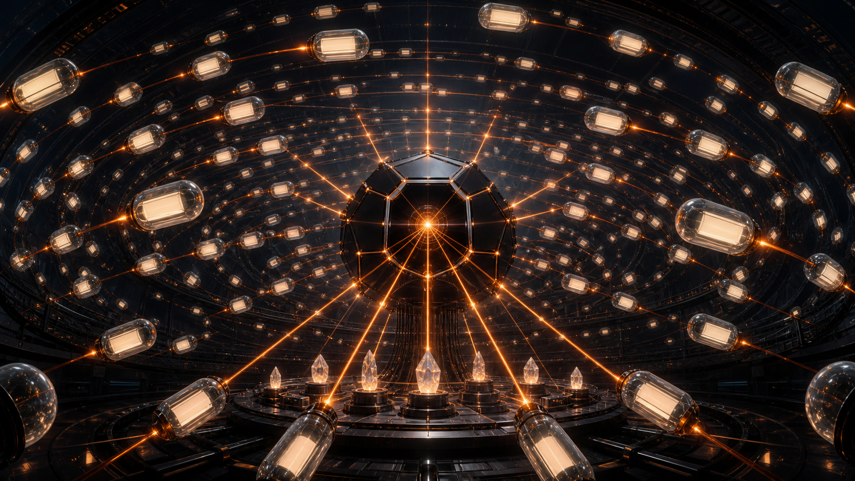 A spherical chamber of prompt beacons sending orange signals into an answer engine