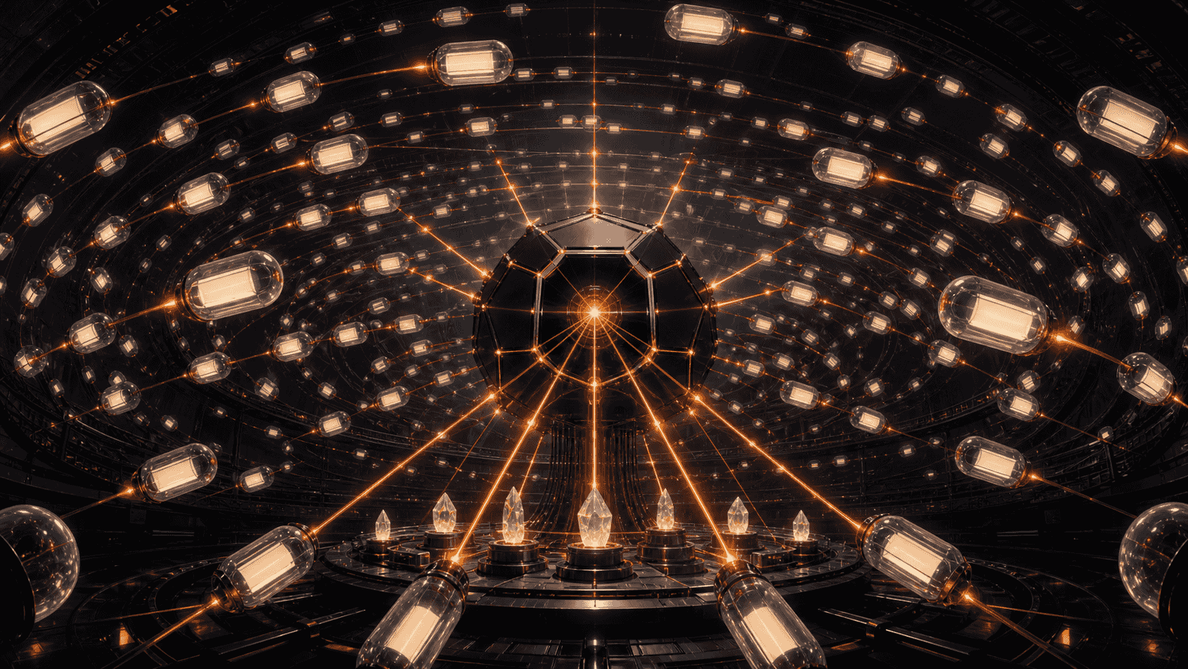 A spherical chamber of prompt beacons sending orange signals into an answer engine