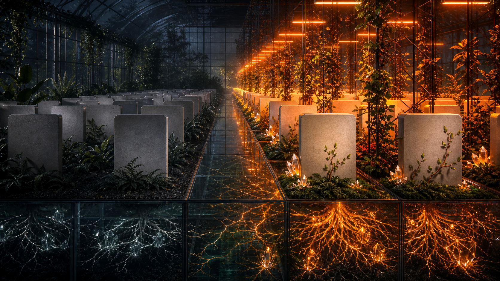 Blank page monoliths split into orange treatment and cool control fields