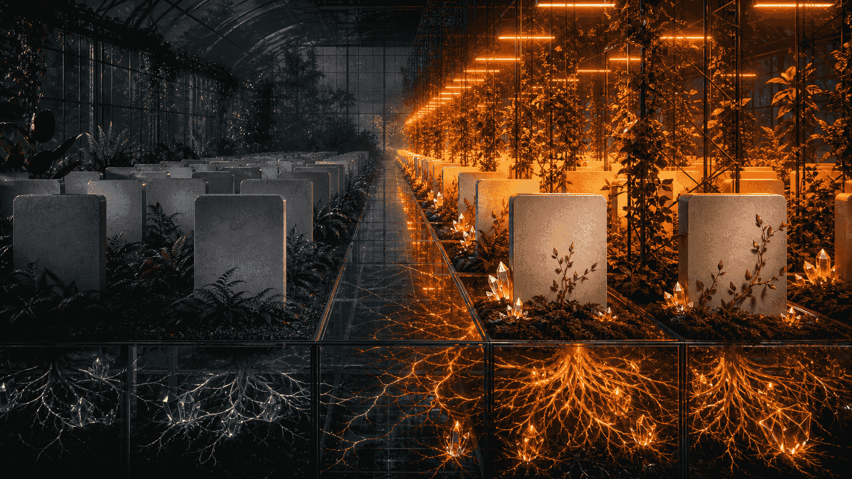Blank page monoliths split into orange treatment and cool control fields