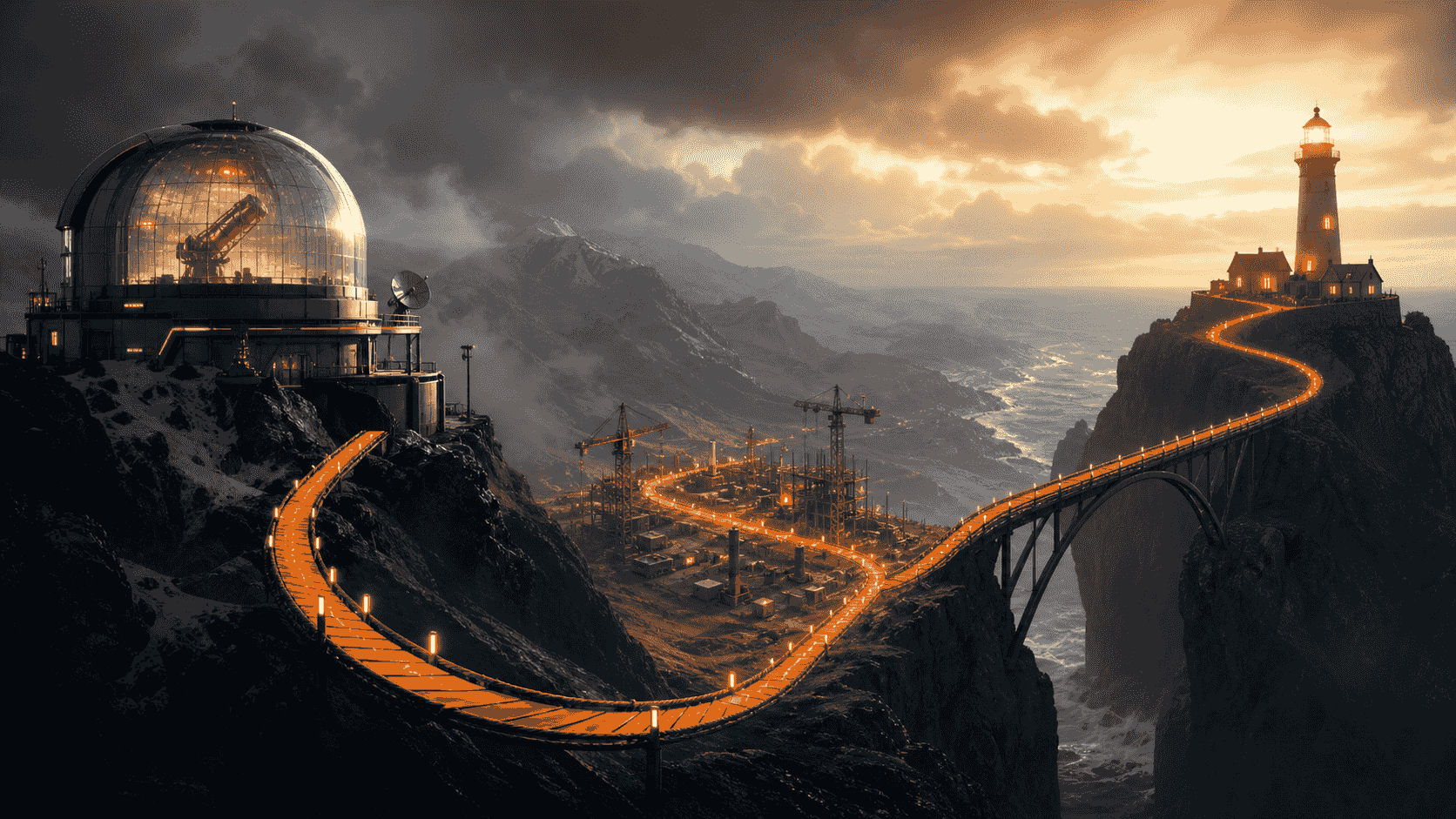 A three-stage orange expedition crossing audit build and handoff landscapes