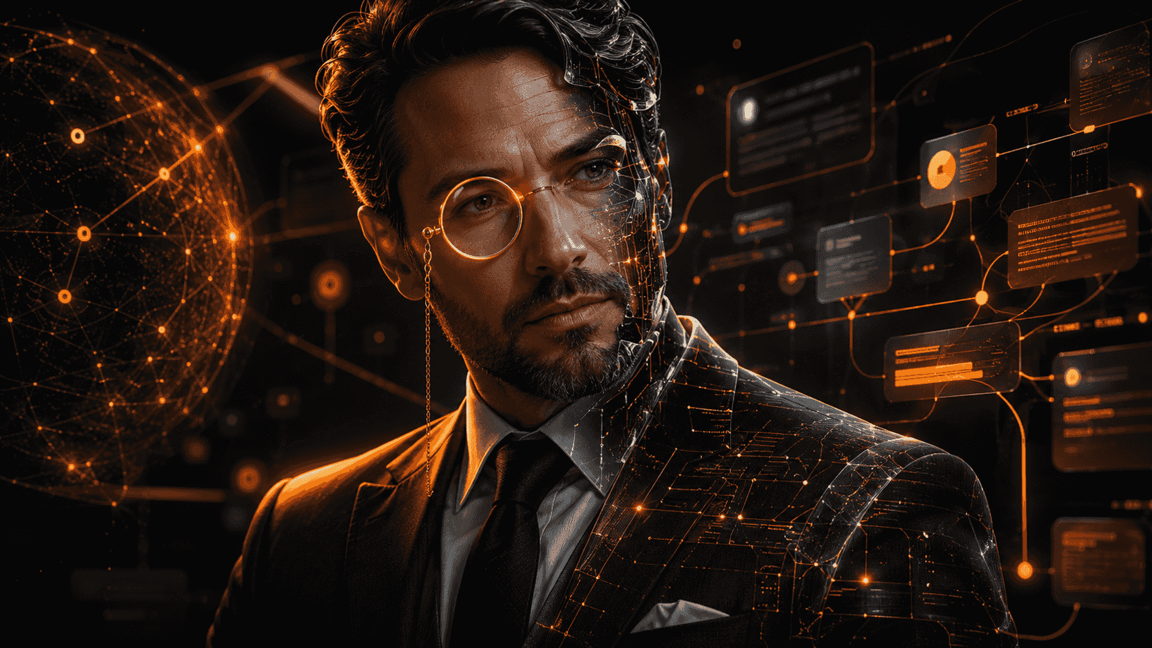 AEO consultant cover: an adviser in a suit dissolving into a glowing orange entity graph, with AI answer cards branching away on the right