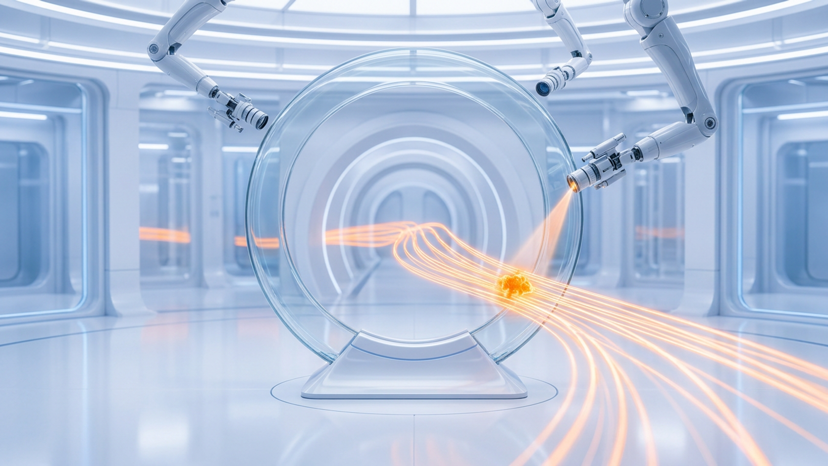 Robotic sensor arms scanning six orange data streams through a glass observation ring, one anomaly highlighted