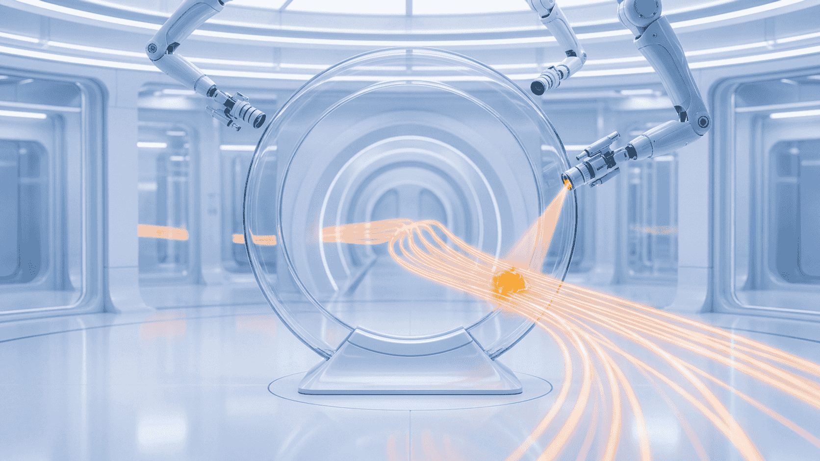 Robotic sensor arms scanning six orange data streams through a glass observation ring, one anomaly highlighted