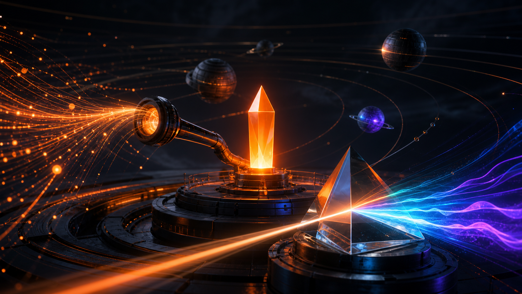 A brand beacon receiving mention signals while a prism separates sentiment and competitors orbit nearby
