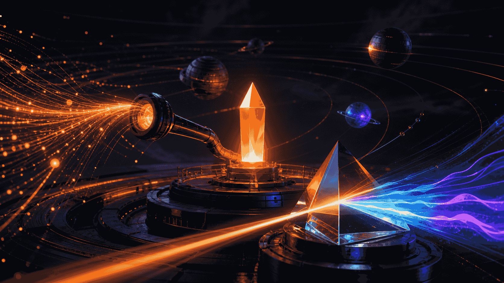 A brand beacon receiving mention signals while a prism separates sentiment and competitors orbit nearby