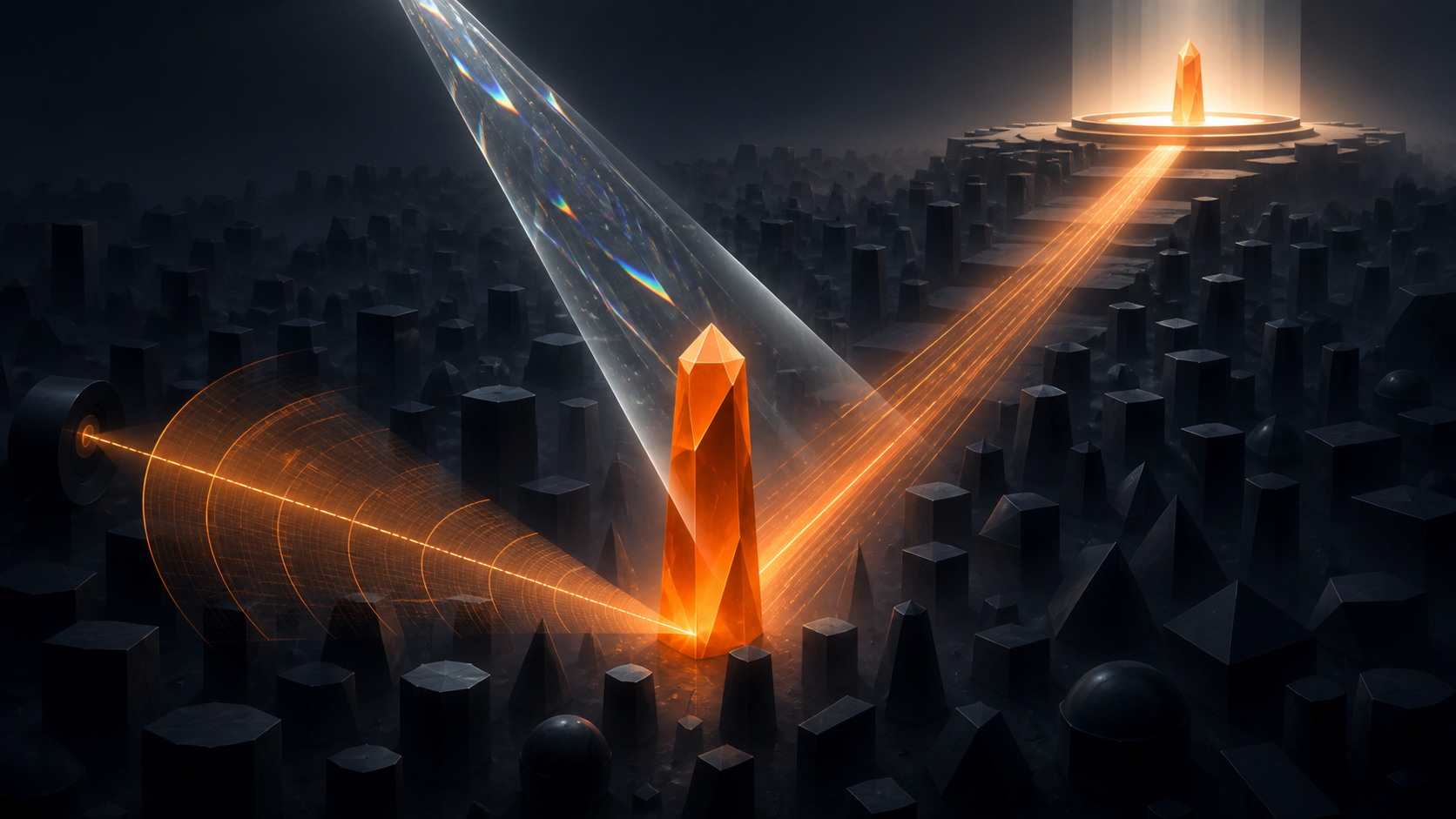 Orange brand monolith discovered by radar, clarified by a prism and guided toward a recommendation platform