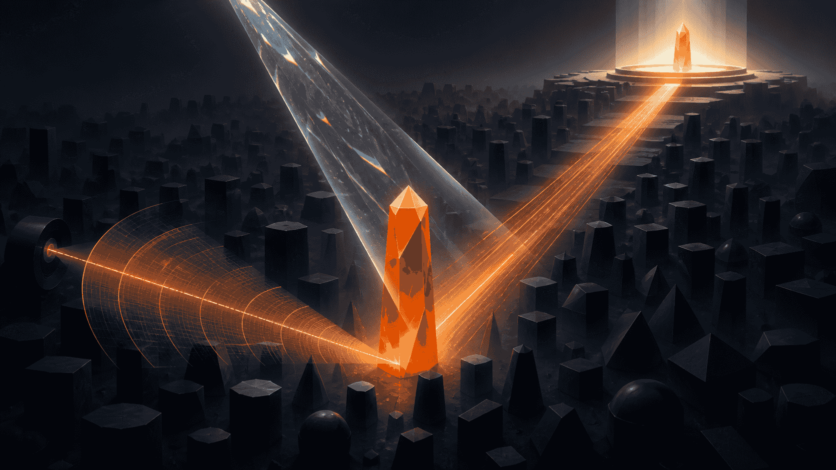 Orange brand monolith discovered by radar, clarified by a prism and guided toward a recommendation platform