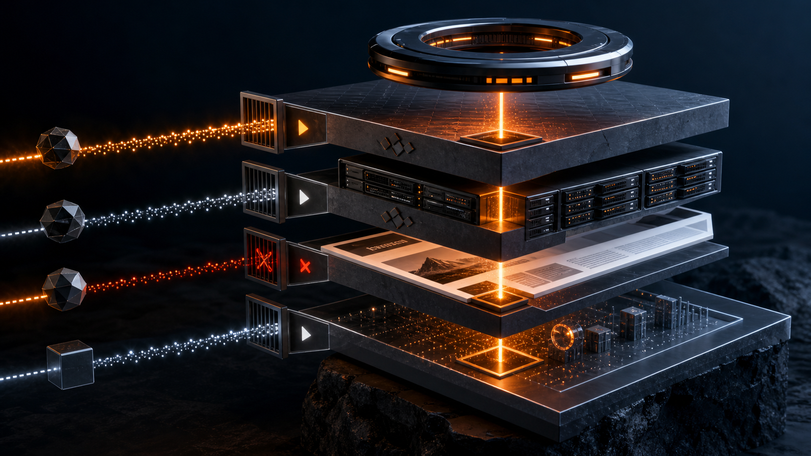 A scanning ring auditing four stacked website infrastructure layers and their crawler access gates
