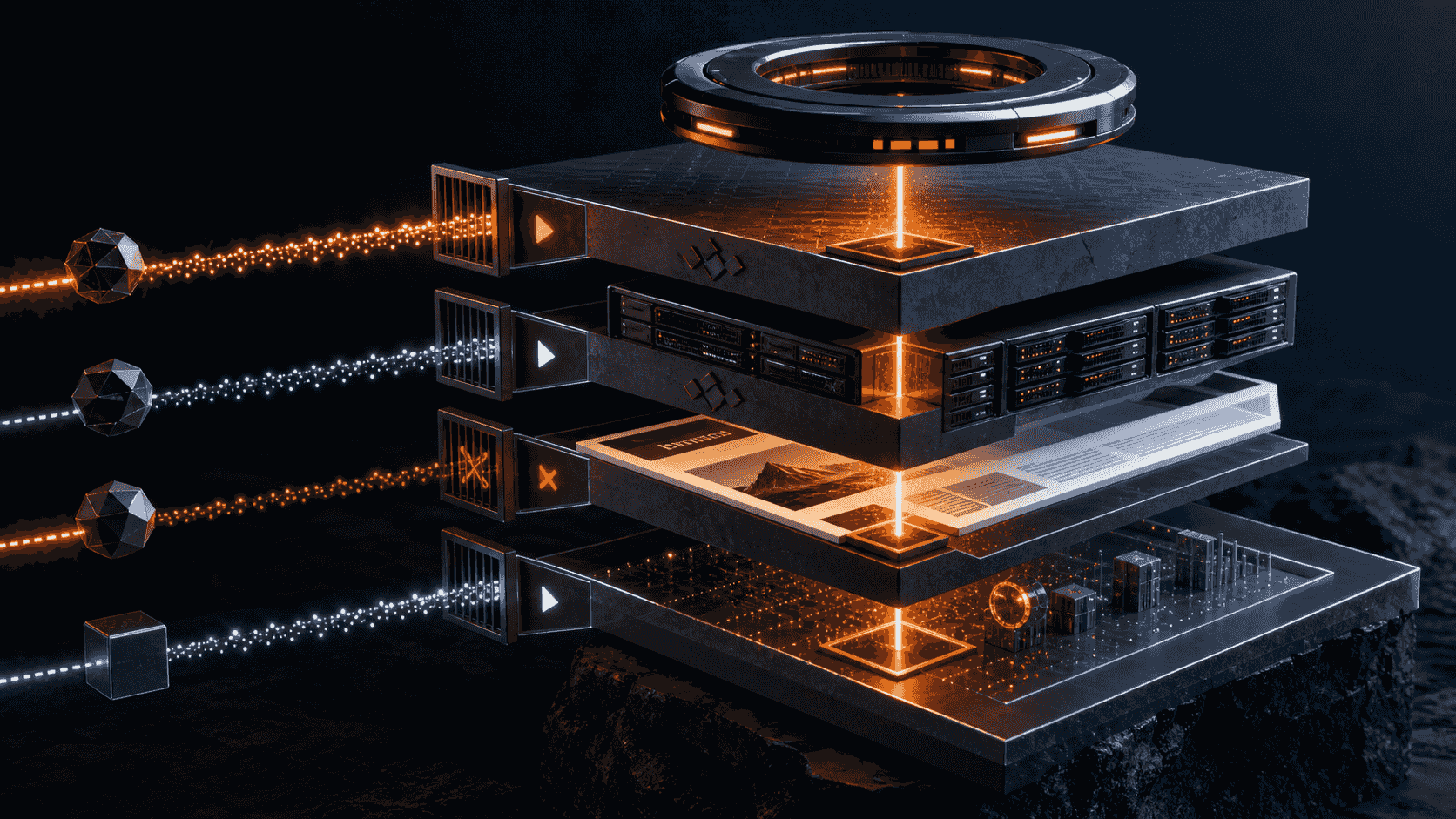 A scanning ring auditing four stacked website infrastructure layers and their crawler access gates