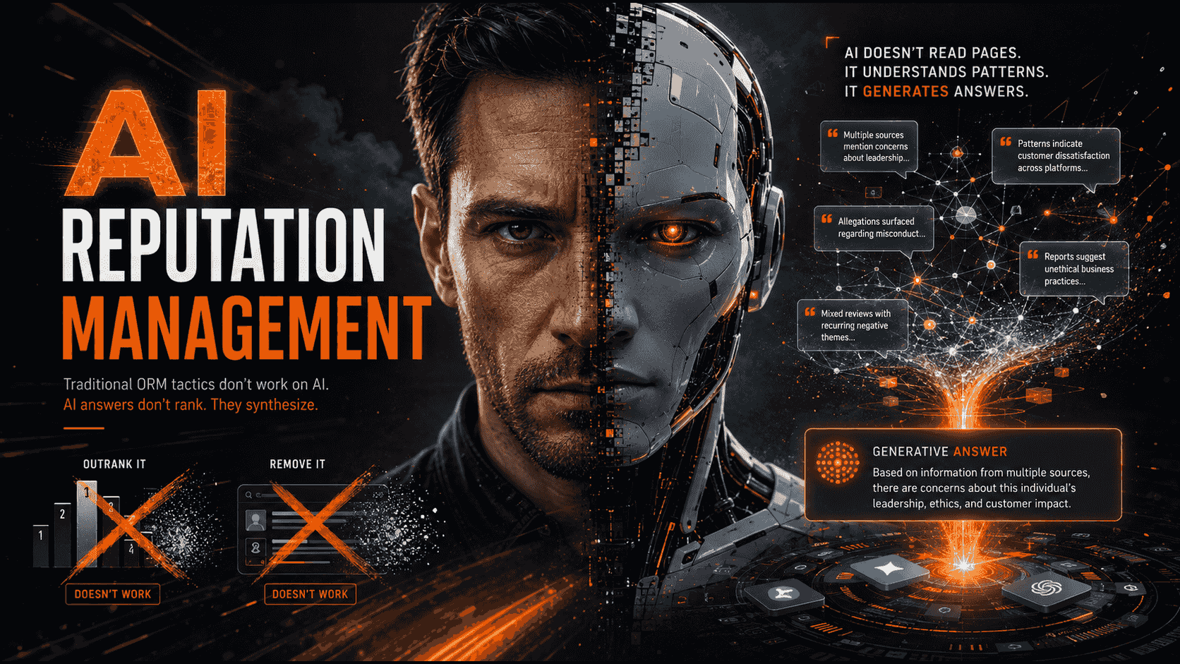 AI Reputation Management cover: a face half human half machine, with the classic ORM tactics "outrank it" and "remove it" crossed out beside a generated AI answer assembled from multiple sources