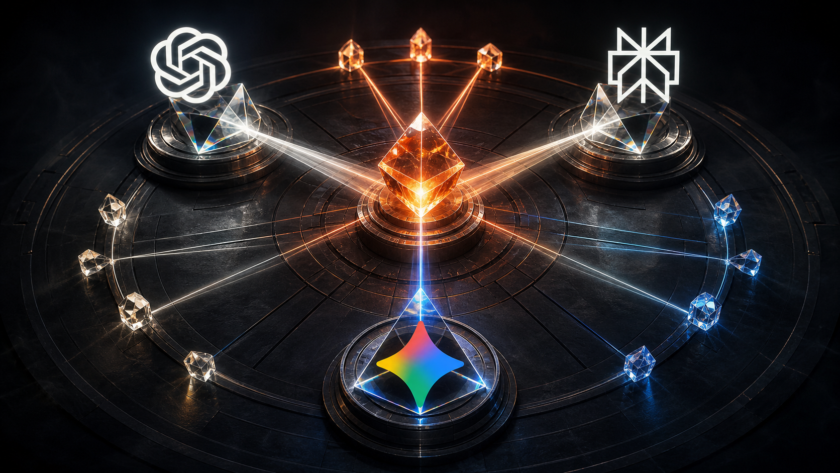 Three AI platform prisms converging on a shared orange source crystal