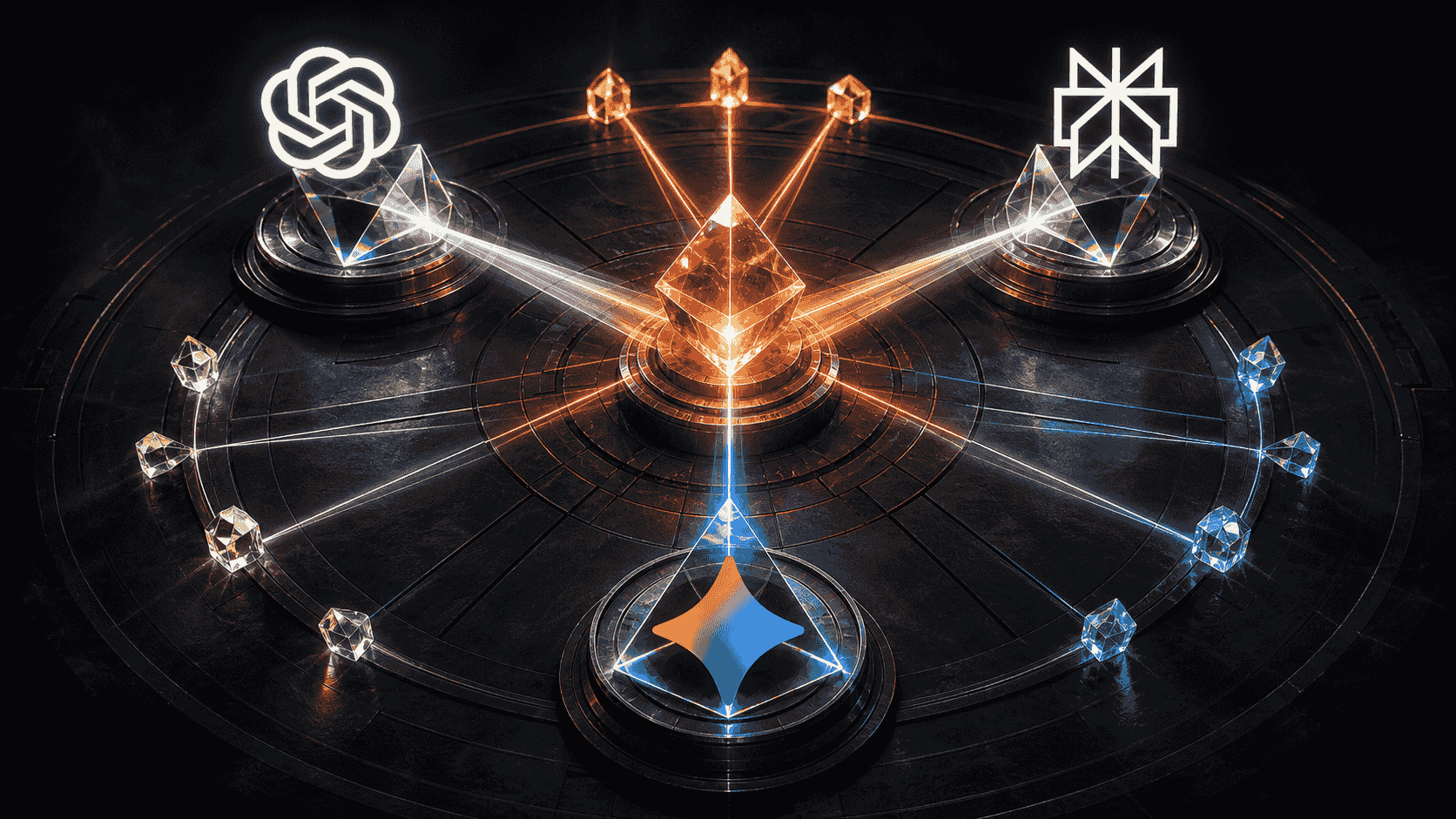 Three AI platform prisms converging on a shared orange source crystal