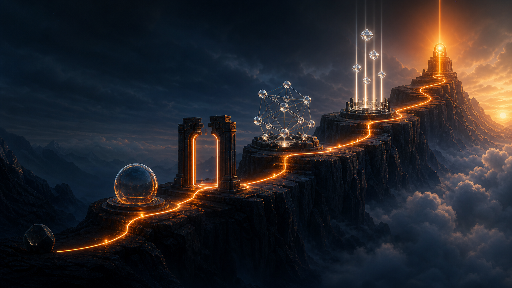 A five-stage mountain pathway ascending from darkness to a bright authority summit