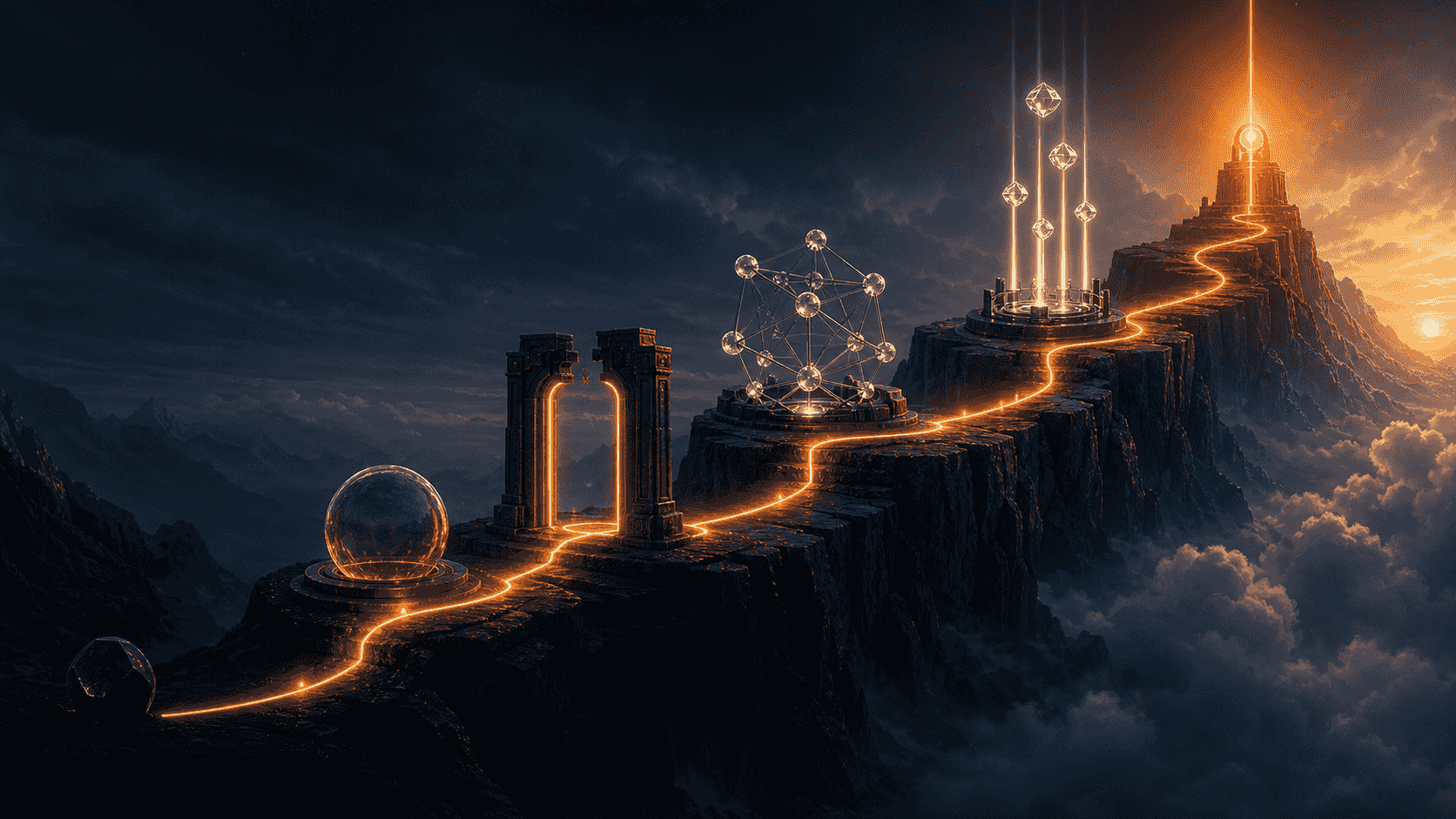 A five-stage mountain pathway ascending from darkness to a bright authority summit