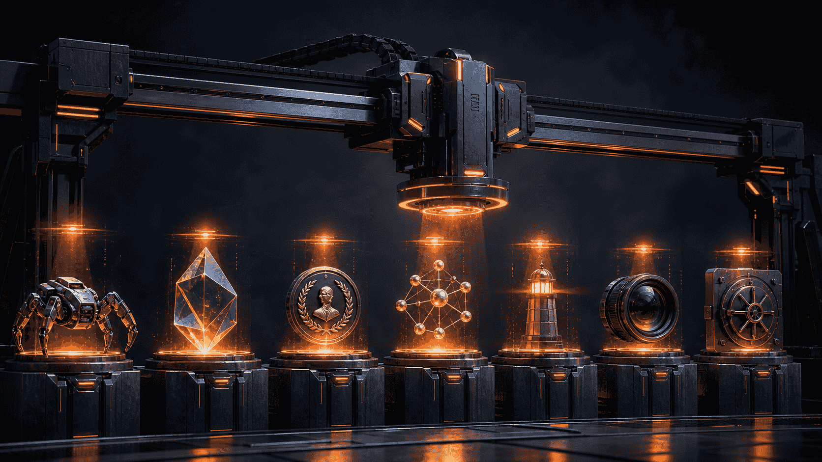 A precision inspection gantry activating seven AI-search optimization stations
