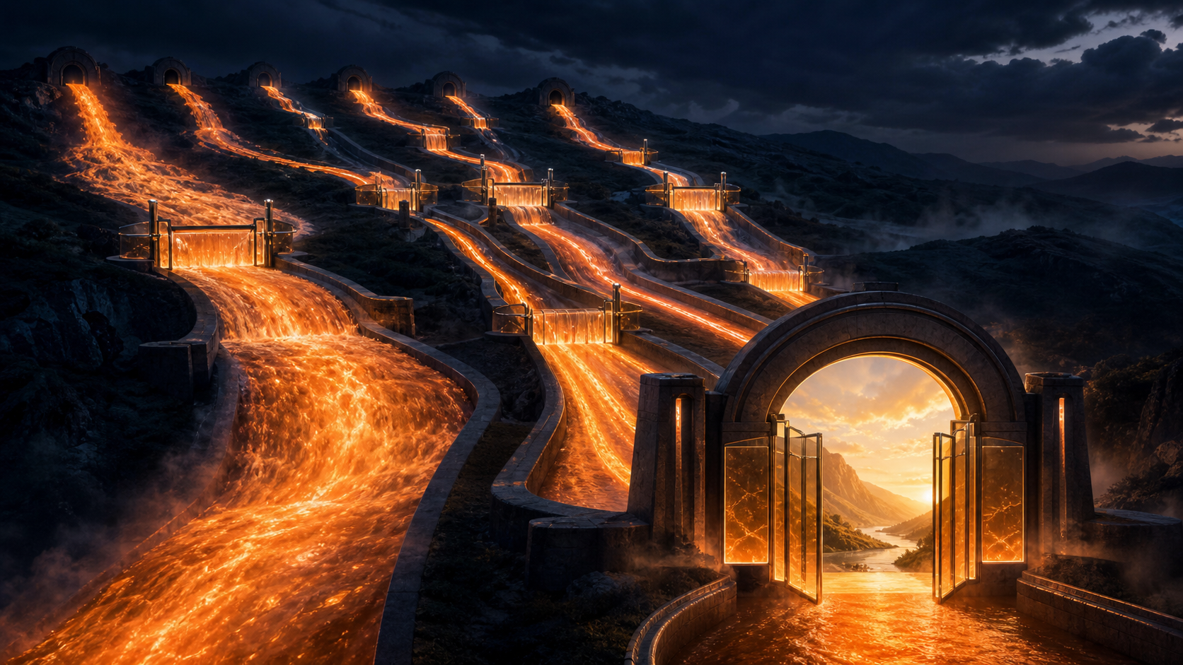 Multiple orange referral streams passing through measuring locks into a destination gateway