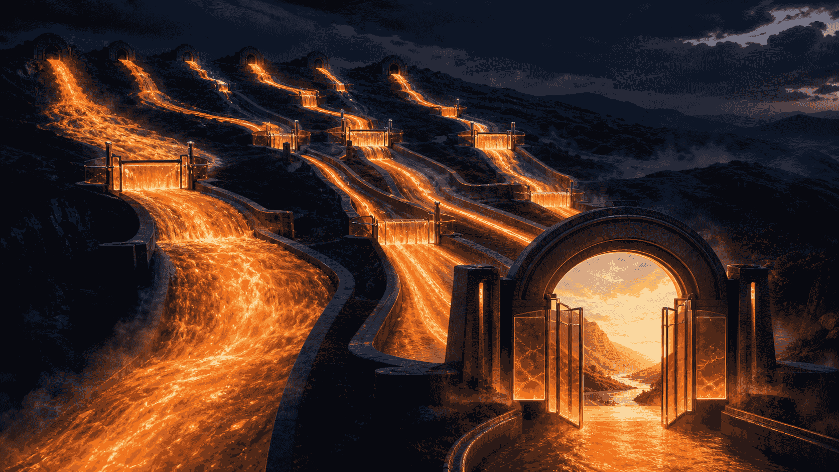 Multiple orange referral streams passing through measuring locks into a destination gateway