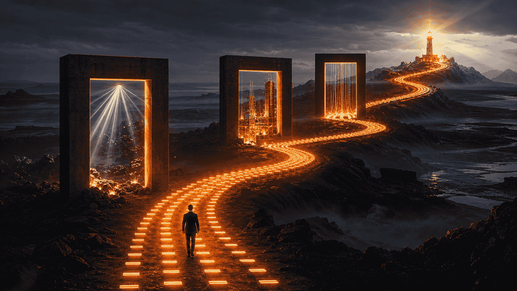 Orange ninety-step strategy path crossing three gateways toward a visibility lighthouse