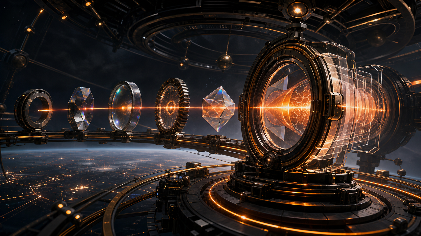A mechanical orrery tracking an orange beam through evolving search portal forms