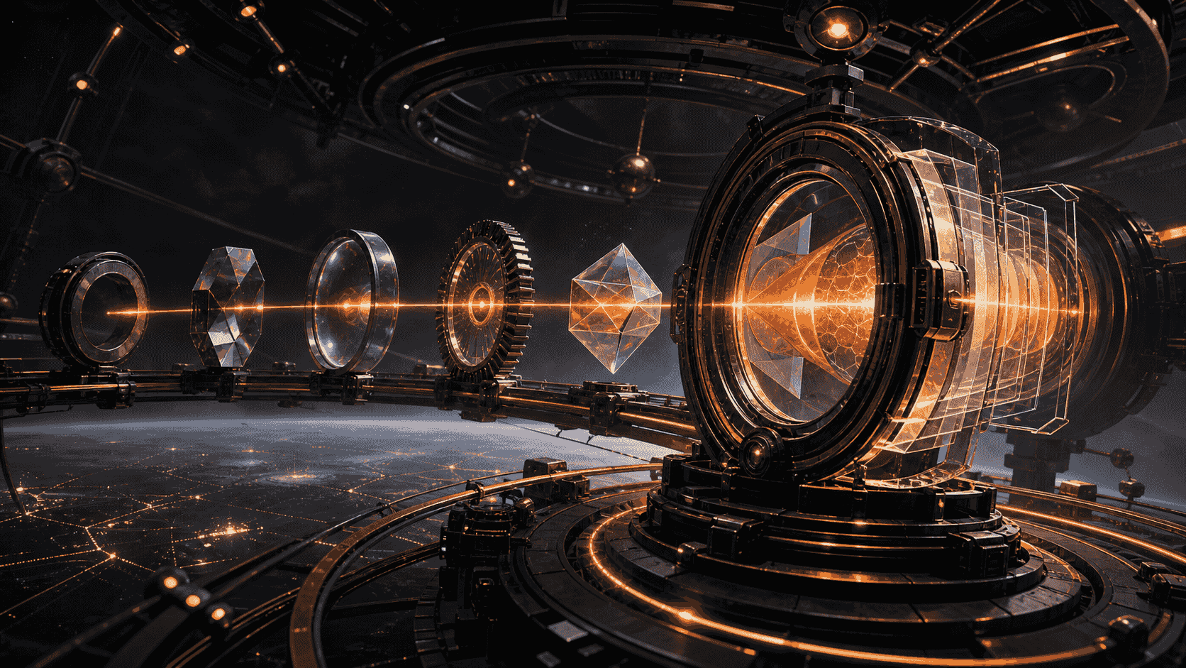 A mechanical orrery tracking an orange beam through evolving search portal forms
