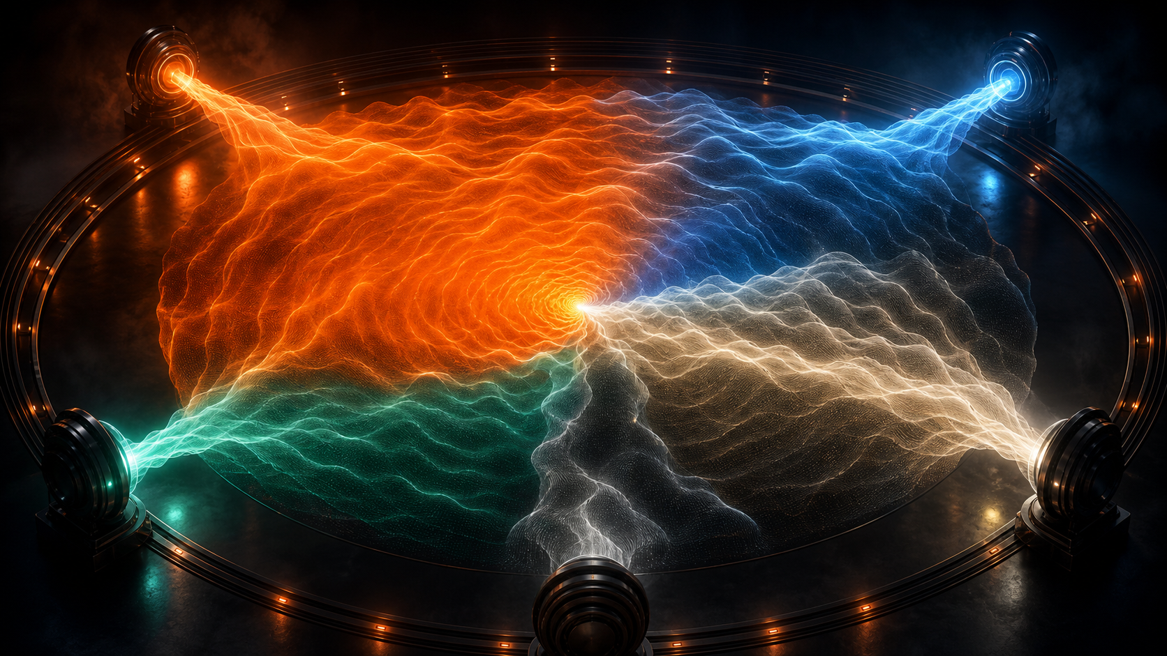 Orange, blue, green, cream and grey voice signals competing inside one shared answer field