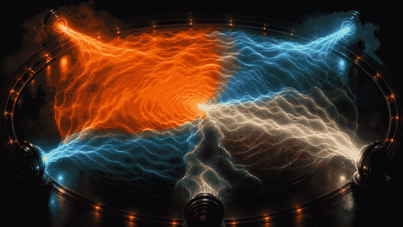 Orange, blue, green, cream and grey voice signals competing inside one shared answer field