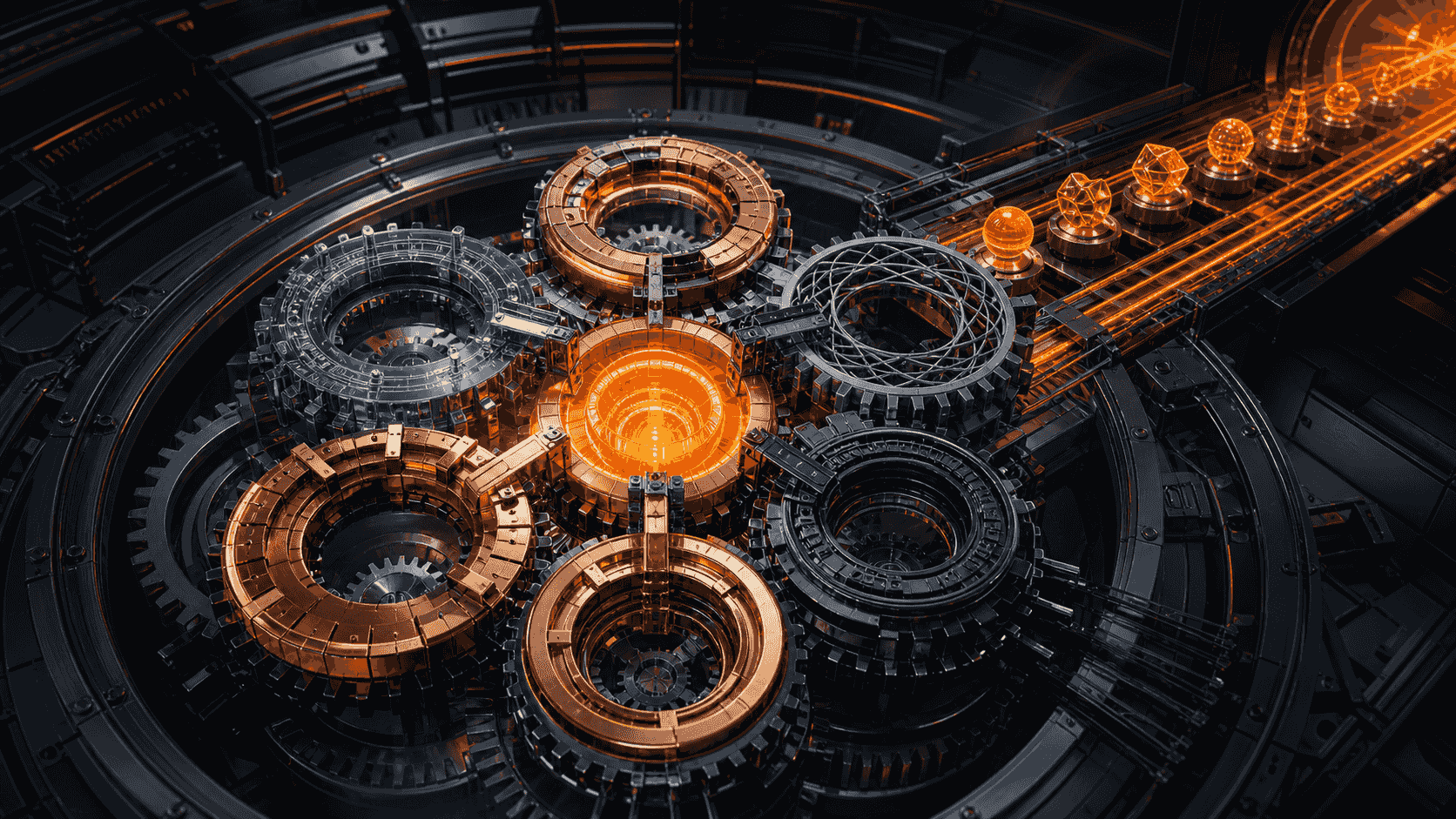 A precision six-ring operating machine surrounding a luminous orange authority core