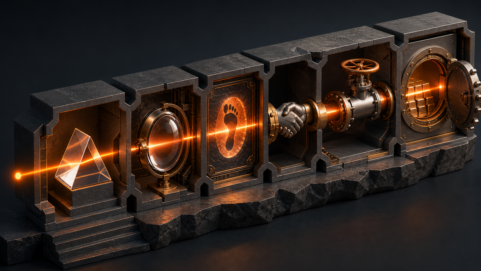 An orange signal passing through six attribution chambers into a revenue vault