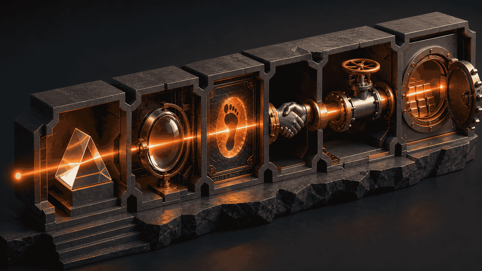 An orange signal passing through six attribution chambers into a revenue vault