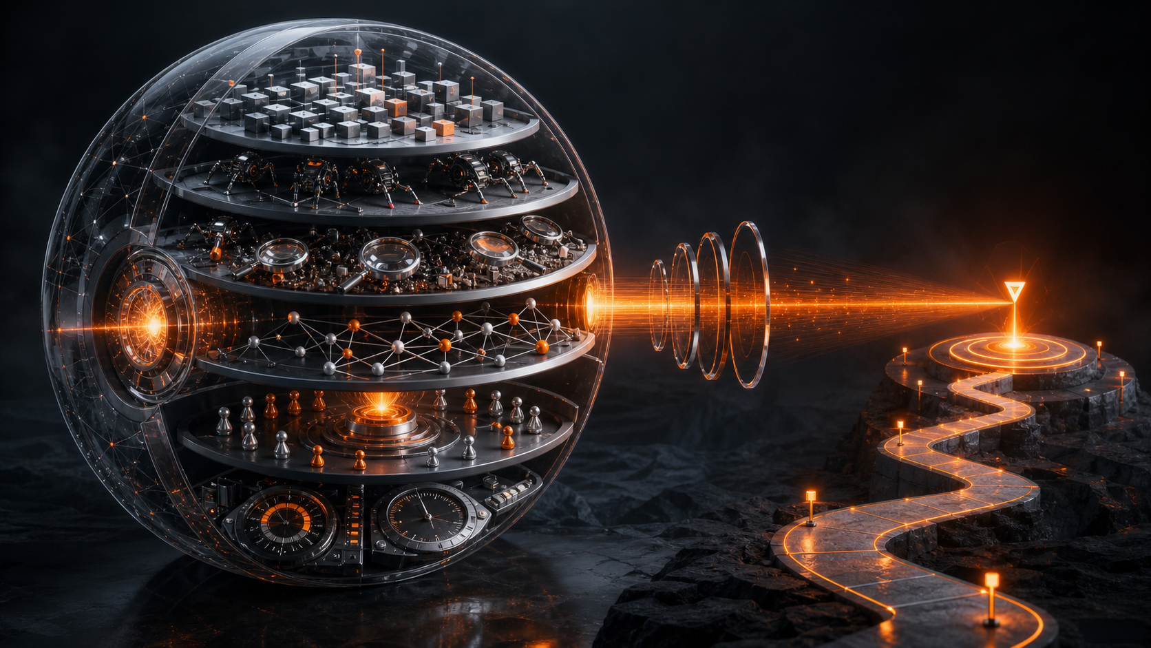 A transparent diagnostic sphere revealing six layers of AI visibility evidence