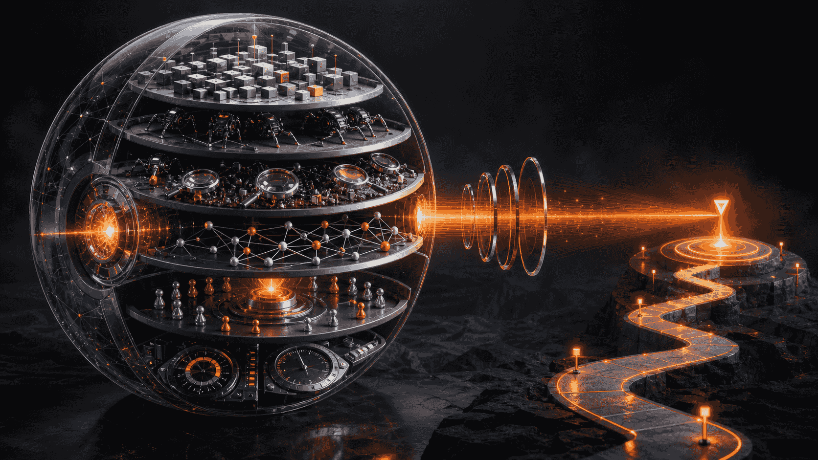 A transparent diagnostic sphere revealing six layers of AI visibility evidence