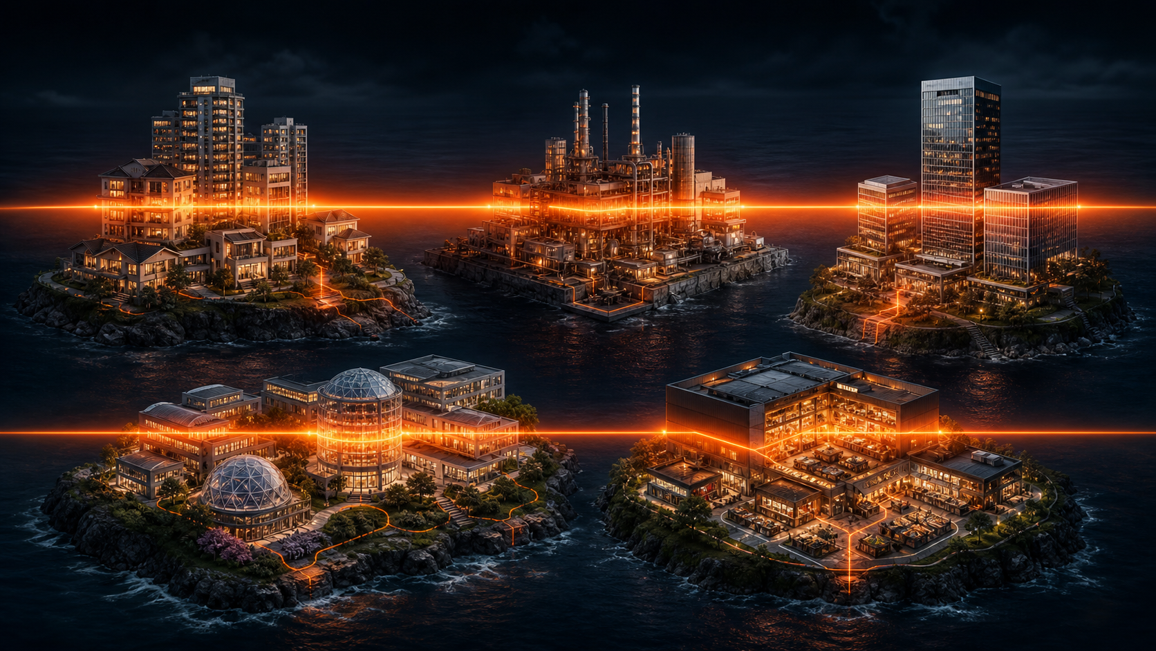 Five industry islands compared by a single glowing orange measurement horizon