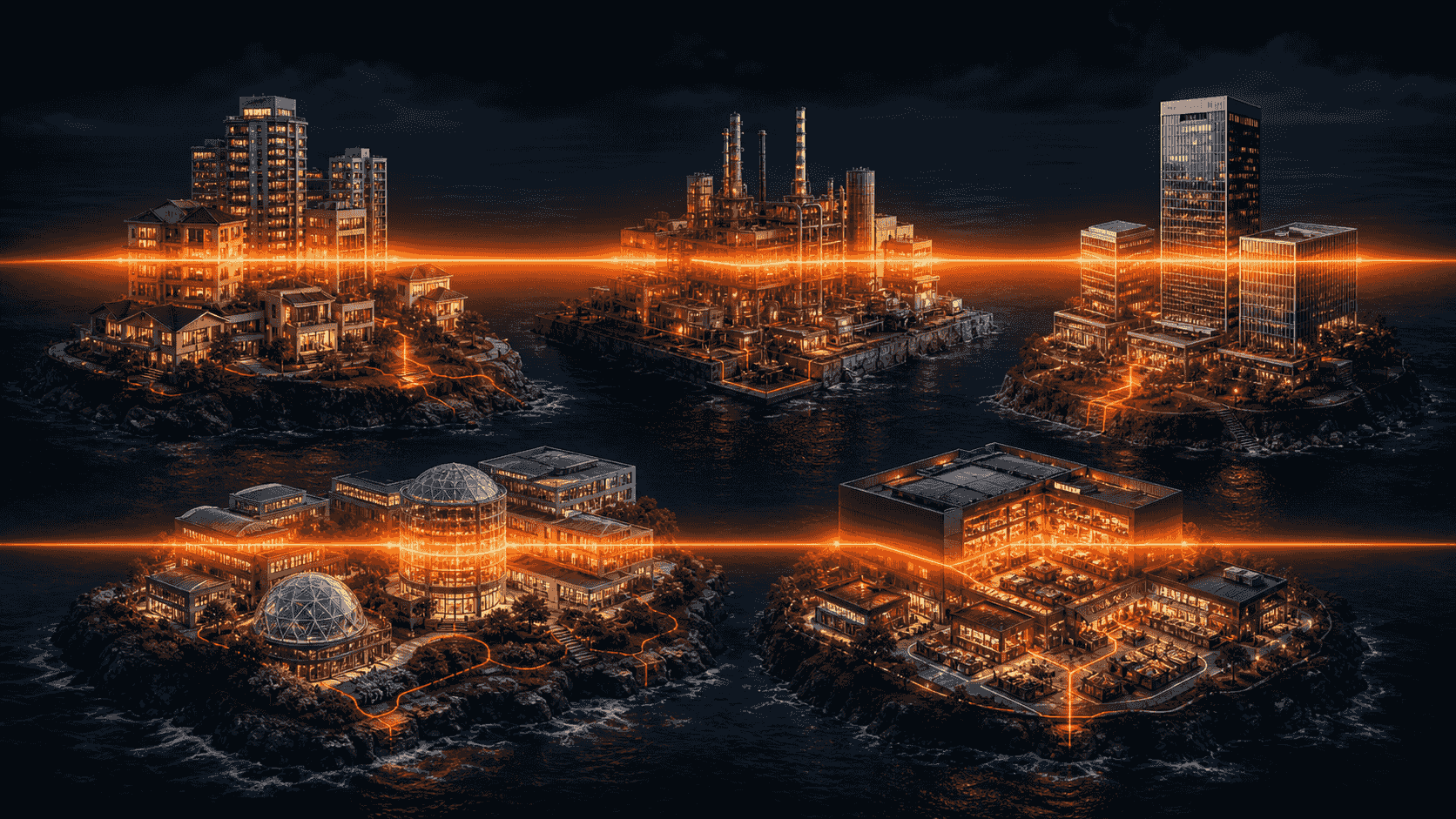 Five industry islands compared by a single glowing orange measurement horizon