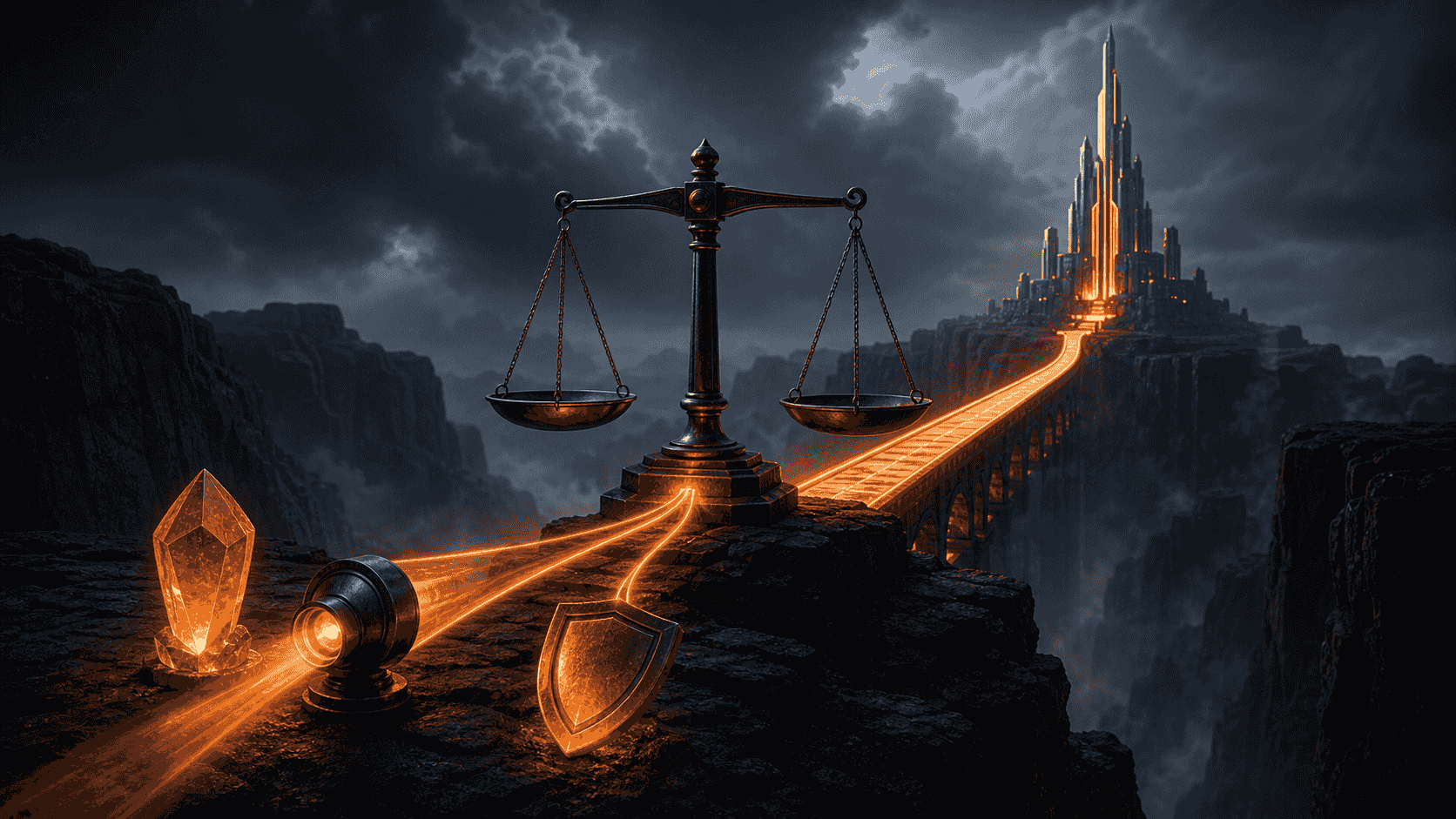 Evidence artifacts crossing a balanced scale and bridge toward a category authority tower