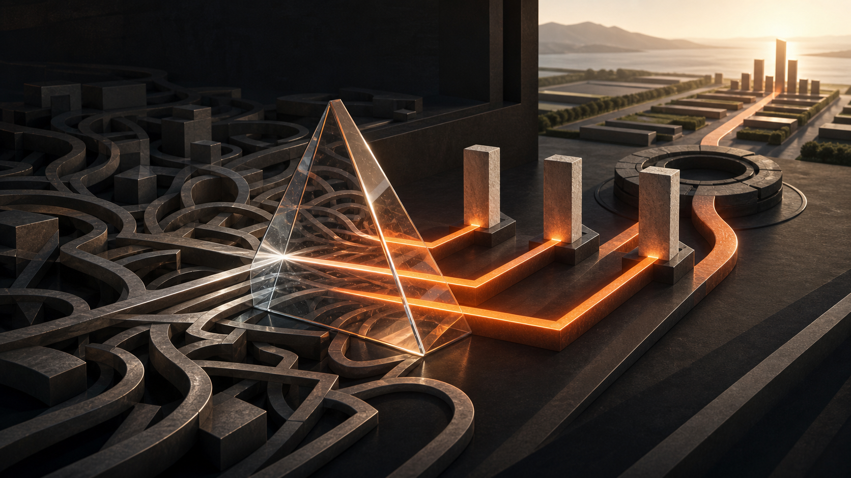 A transparent diagnostic prism turning tangled business paths into ordered orange routes