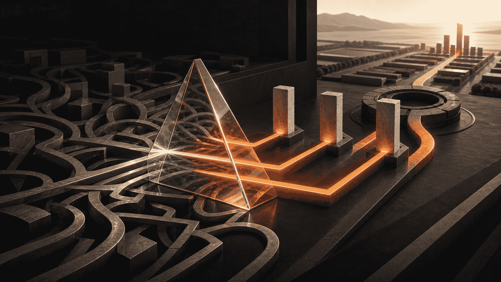 A transparent diagnostic prism turning tangled business paths into ordered orange routes