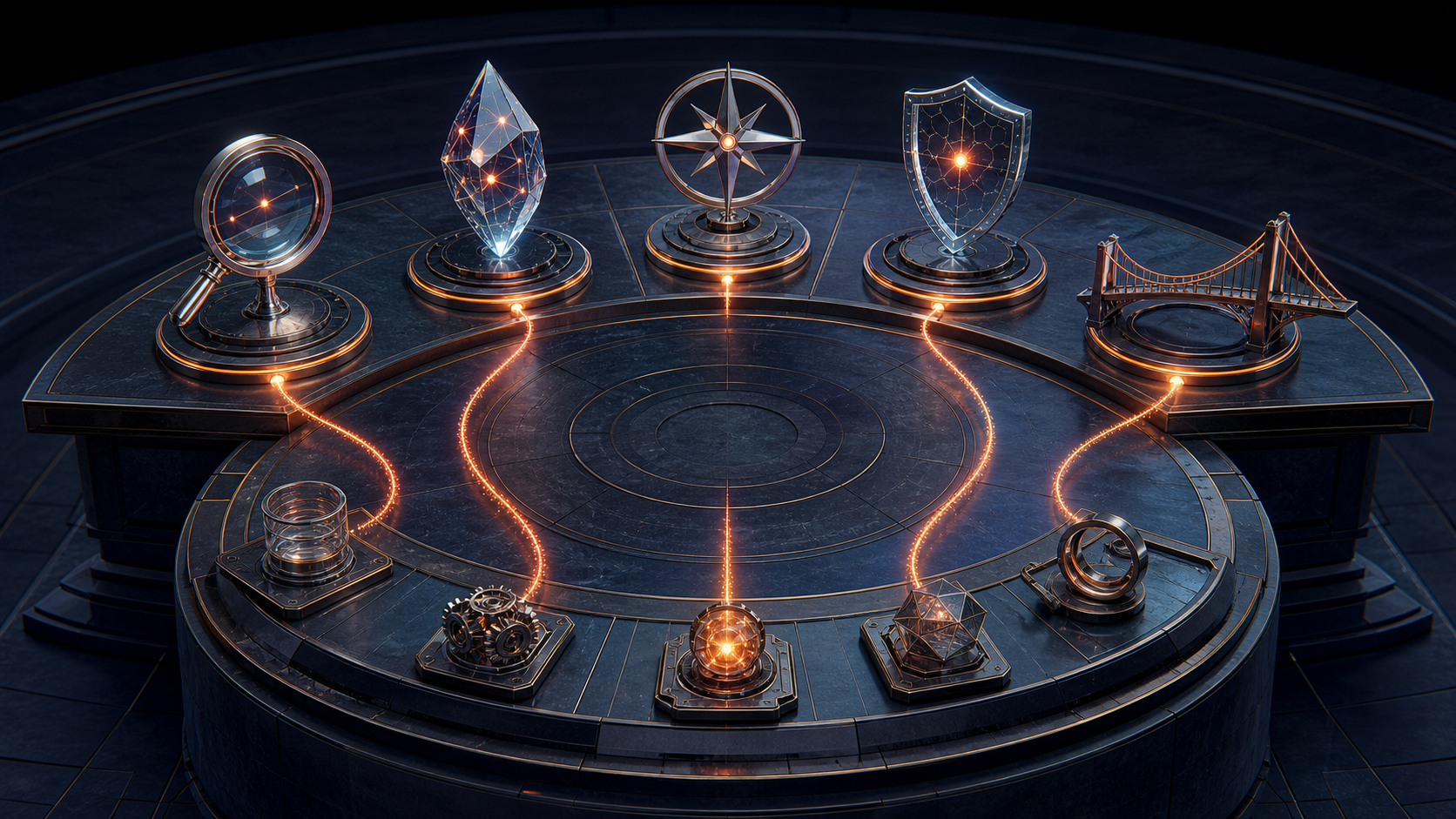 An architectural command table displaying five distinct metric sculptures