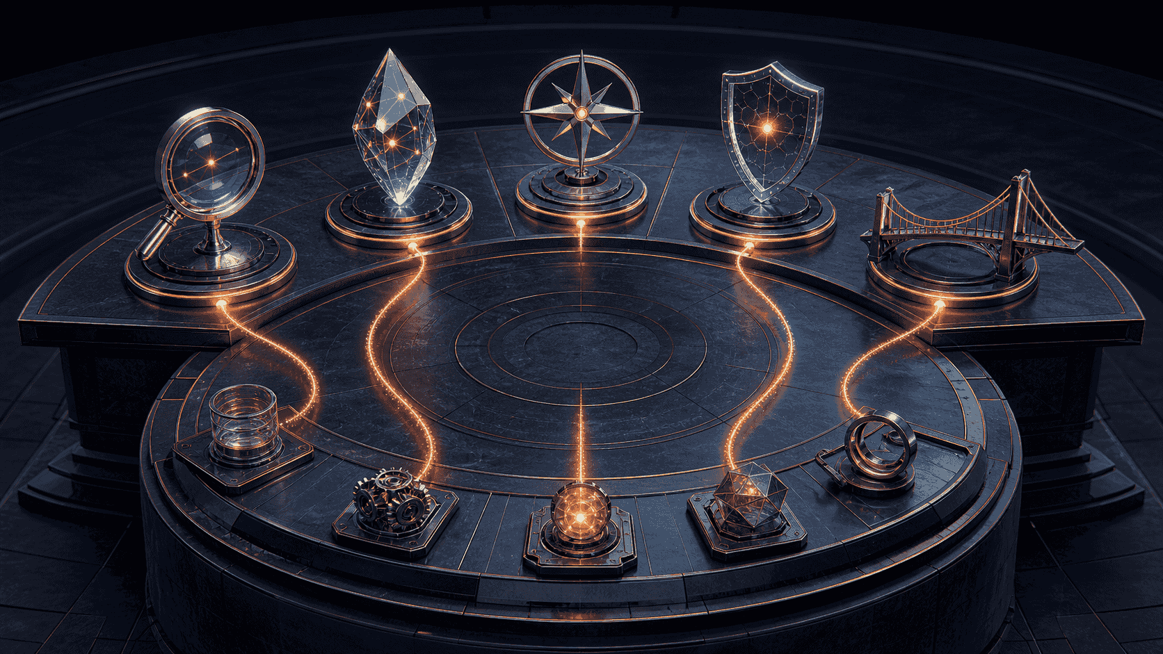 An architectural command table displaying five distinct metric sculptures
