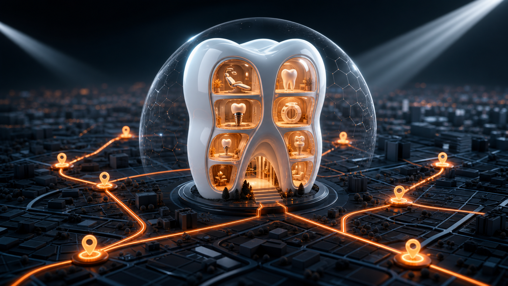 A sculptural tooth-shaped dental clinic mapped across local treatment search pathways