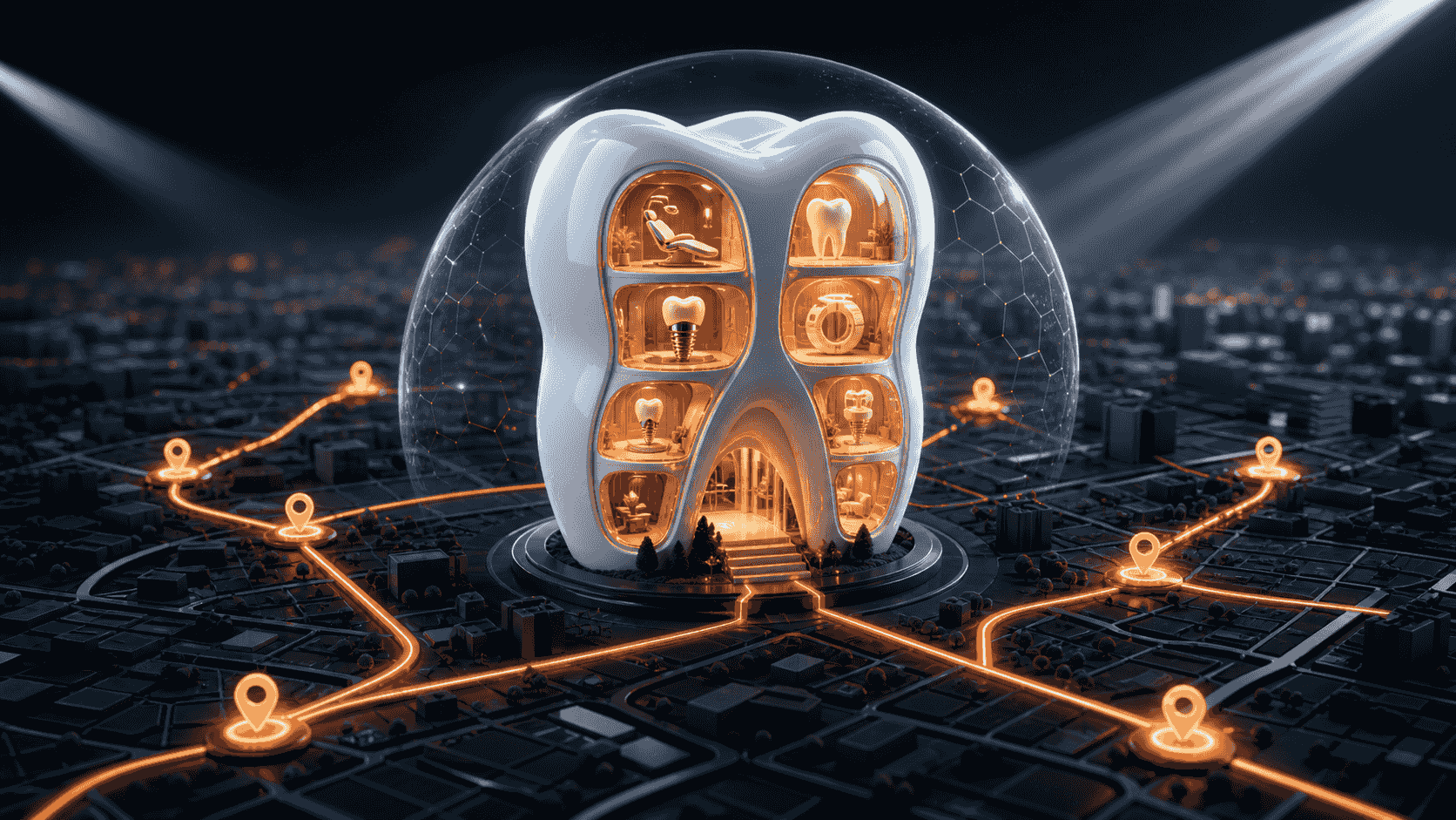 A sculptural tooth-shaped dental clinic mapped across local treatment search pathways