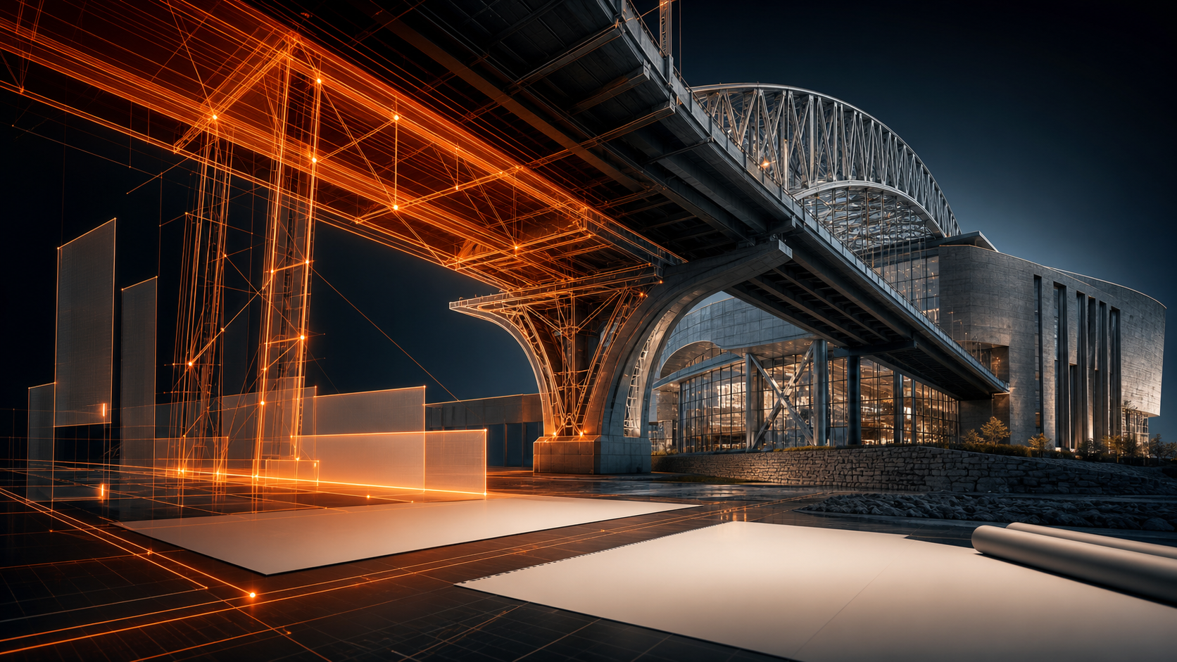 Orange structural lines transforming into a completed bridge and civic building