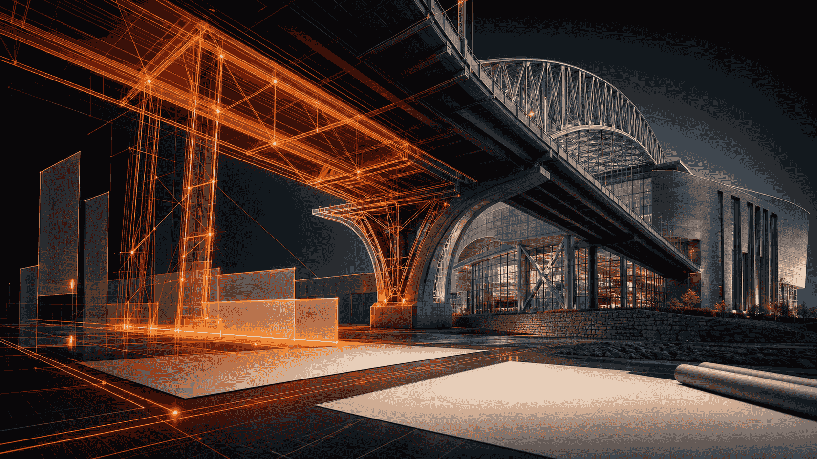 Orange structural lines transforming into a completed bridge and civic building