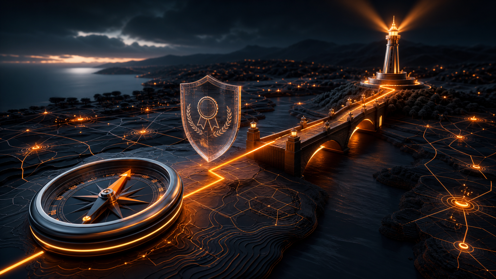 A compass crossing a credential shield and trust bridge toward a local advisory beacon