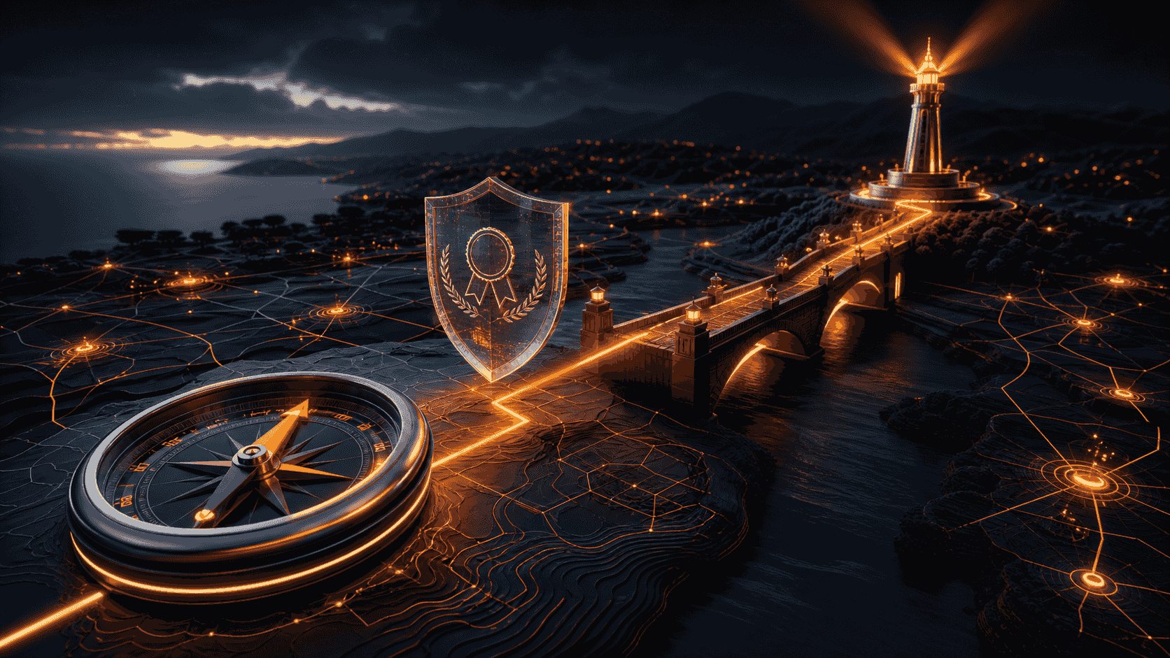 A compass crossing a credential shield and trust bridge toward a local advisory beacon