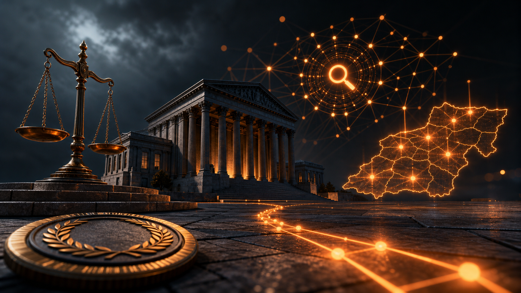 A courthouse, justice scales and local jurisdiction map connected to an AI search network