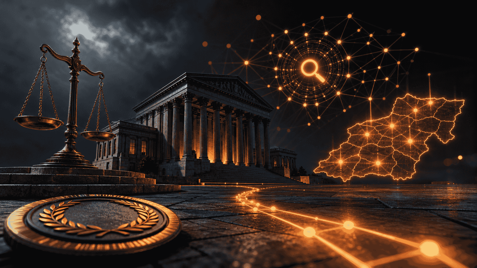 A courthouse, justice scales and local jurisdiction map connected to an AI search network