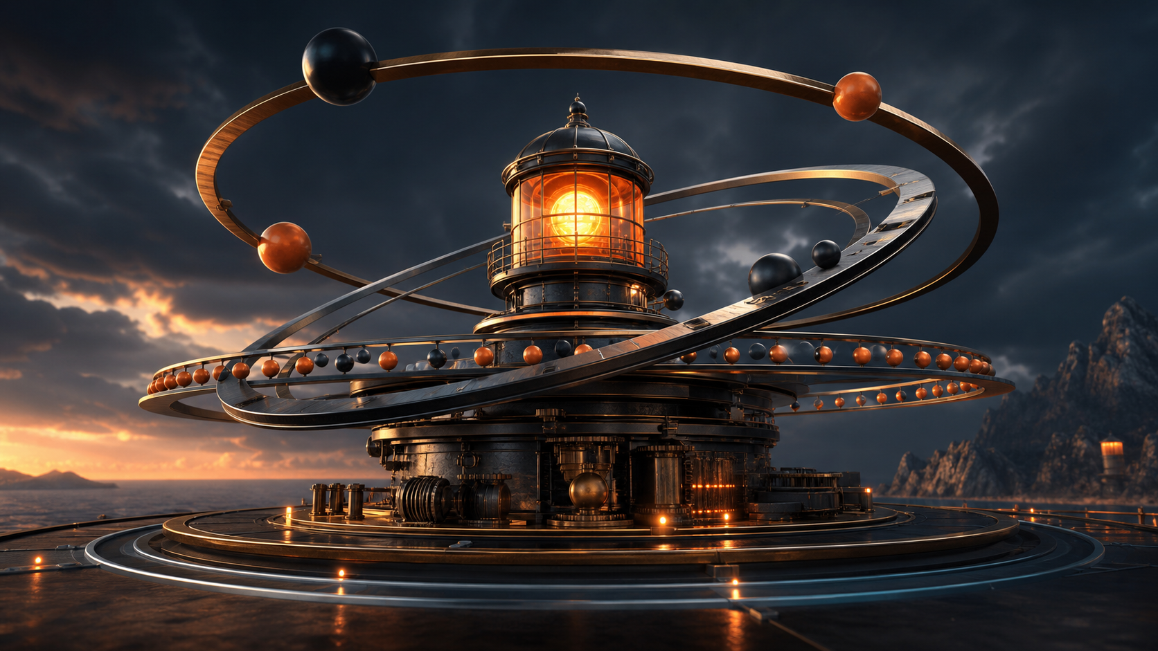 Orbiting measurement rings surrounding an orange visibility lighthouse