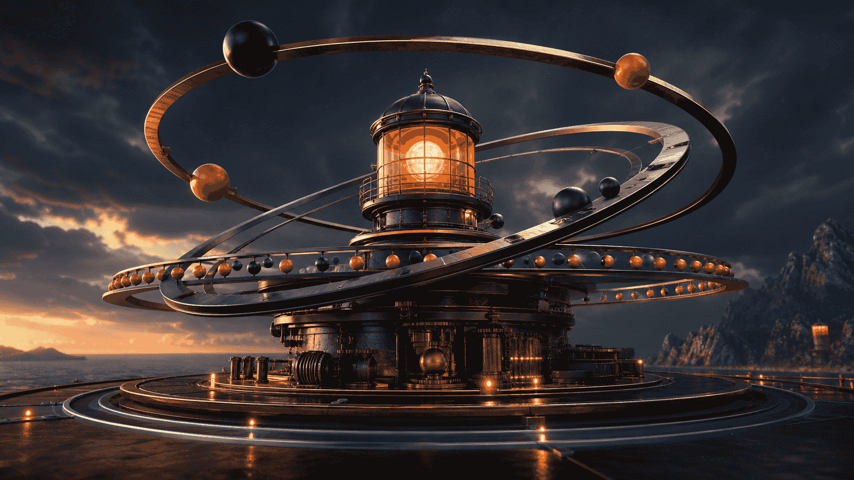 Orbiting measurement rings surrounding an orange visibility lighthouse