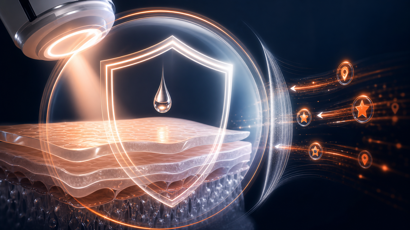 Clinical skin layers and a treatment droplet enclosed by a transparent safety and credential shield